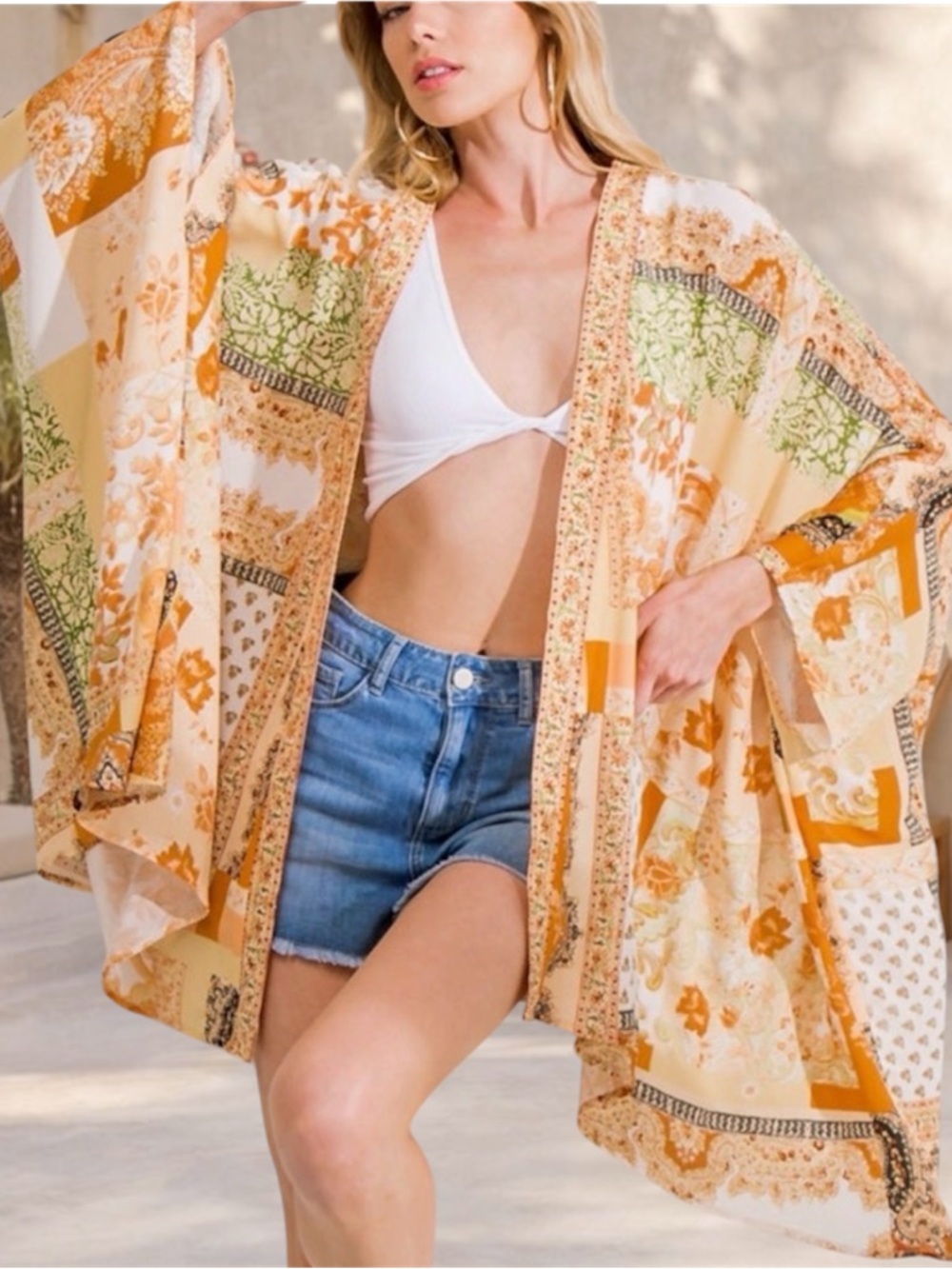 Orange Scarf Print Kimono Duster Boho Lightweight Beach Cover Up